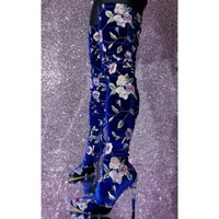 Super Women Over-the-Knee Boots Velvet Embroidered Heels Boots Blue Shoes Woman - Thumbnail 2