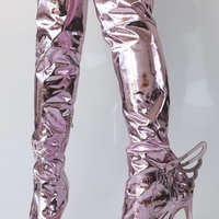 Pink Metallic Leather Wing Boots Women Spring Shiny Pointy Toe Thigh High Heel Shoes Ladies Sexy Luxury Trends Patent Long Boots - Thumbnail 2