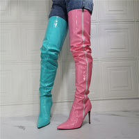 Two-Tone Left Pink Right Blue Stiletto Over The Knee Boot, Fashion Cute Chill Thin High Heel Above The Knee Style - Thumbnail 5