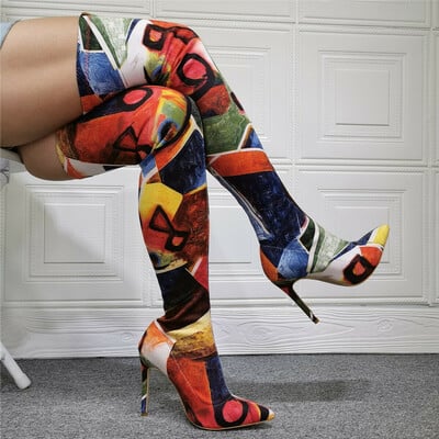 Sexy elastic graffiti abstract stiletto over the knee boot, fashion stretchy new thin heel above the knee style