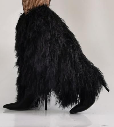 Black Furry Feather Patchwork Fashion Boots Pointed Thin Heel Trendy Stylish Fur Women Sexy Knee High Booties Spicy Girl Winter
