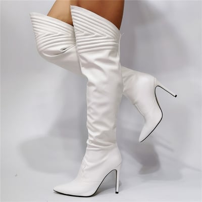 Women over knee boots pointed toe thin high heels back zip white shoes