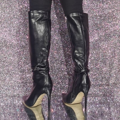 Black high heel knee high boots pointed toe buckle detail knee length boots