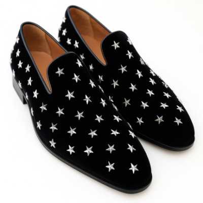 Crafted leather classic black velvet silver star studded loafers shoes prom wedding loafers