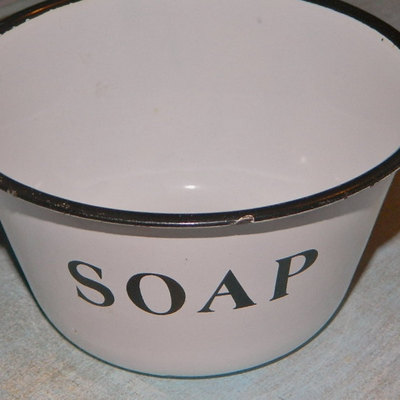 Vintage white and black enameled metal soap dish