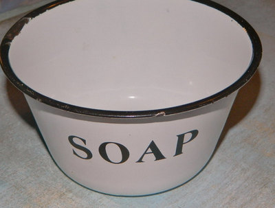 Vintage White and Black Enameled Metal Soap Dish