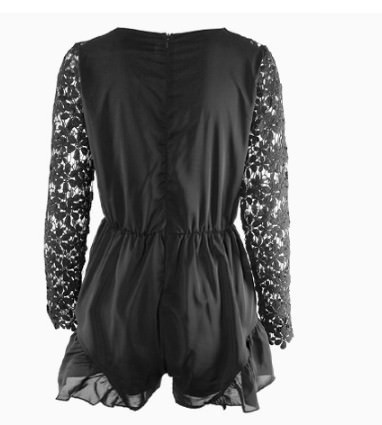 Decorative Flower Long Sleeves Playsuit Black