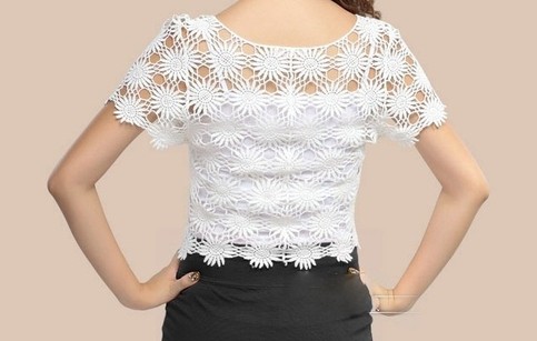 Flower Short Sleeve Cotton Lace Crochet Top Bikini Cover