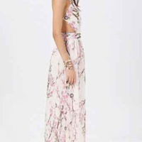 Cherry Blossom Floral Print Backless Maxi Dress - Thumbnail 1