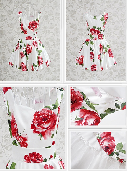 White and red flower slim waist expansion bottom sleeveless