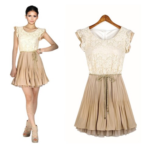 Lace chiffon Dress Women's Short-sleeve Dots Dress Polka Waist Mini Dress 