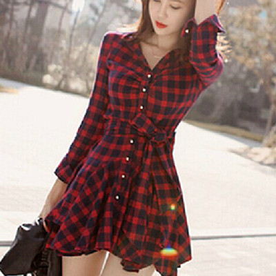 Slim plaid long-sleeved dress   01