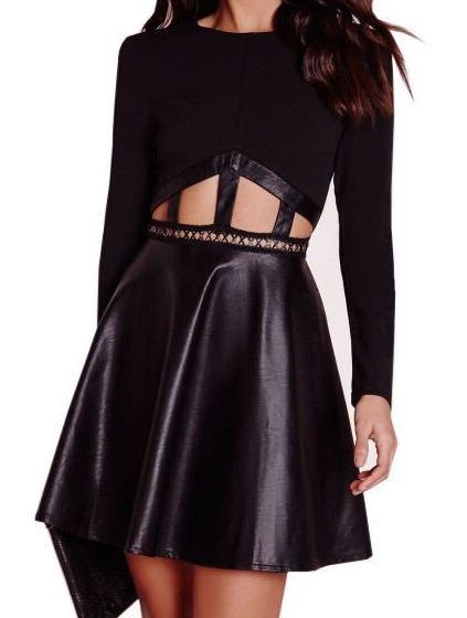 Black Long Sleeve Faux Leather Cut Out Skater Dress