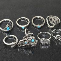 8PCS Vintage Boho Tribal Ethnic Turquoise Ring Hippie Gothic Elephant Snake Set - Thumbnail 1