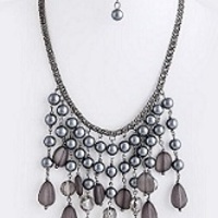 PEARL AND BUBBLE BEAD DANGLE NECKLACE SET (More Colors) - Thumbnail 1