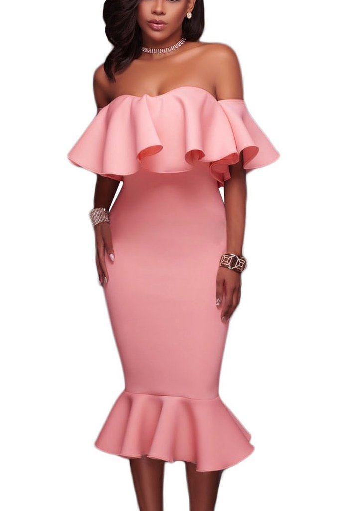 pink ruffle off the shoulder dress