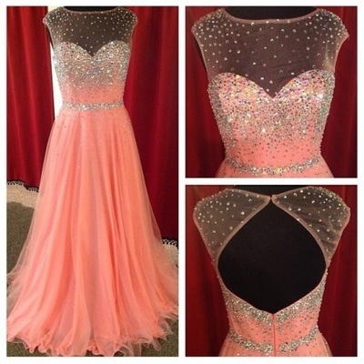 Scoop neck a-line tulle prom dresses crystals floor length women dresses - Thumbnail 4