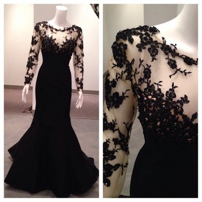 Long sleeves mermaid chiffon prom dresses scoop neck lace women party dresses - Thumbnail 3