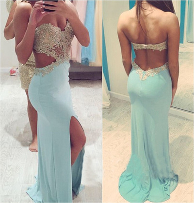 Open Back Mermaid Chiffon Prom Dresses Lace Beaded Women Party Dresses