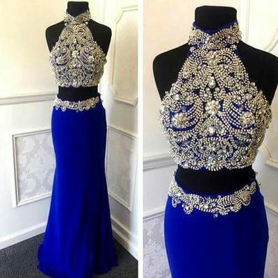 Two pieces sheath chiffon prom dresses crystals floor length women dresses - Thumbnail 2