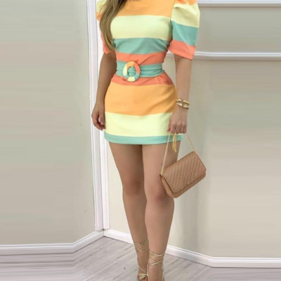 Round neck women's striped print short sleeve dress